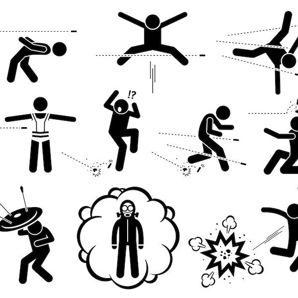 Stick Figure Evade Avoid Gun Bullet Shot Explosion Bomb Attack Bulletproof Vest Shield Helmet Gas Mask Poison Toxic Gas Icons PNG SVG Vector