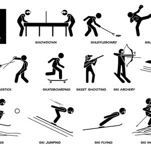 以下が含まれることがあります： 様々なスポーツの白黒の棒人間イラスト。シングルスティック、スケートボード、スキート射撃、スキーアーチェリー、スケルトン、スキークロス、スキージャンプ、スキーフライング、スキー登山など。画像の上部に「SPORT S PART 3 of 9」というテキストがあります。