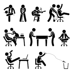 May include: A collection of black and white stick figure illustrations depicting various activities. Scenes include playing golf, playing guitar, and meditating. Other scenes show office interactions and leisure activities.