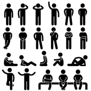 Stick Figure Stickman Stick Man Basic Human Actions Positions Poses Postures Standing Sitting Thinking Waving Pictogram Icons PNG SVG Vector