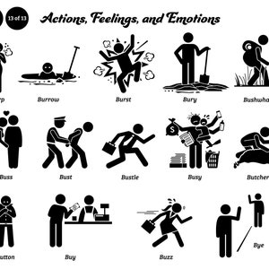 May include: A black and white illustration depicting various actions, feelings, and emotions. The image includes stick figures representing actions such as burping, burrowing, bursting, burying, and bushwhacking. Other actions include bussing, busting, bustling, being busy, and butchering.