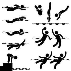 Puede incluir: Ilustraciones en blanco y negro de figuras de palo de personas nadando, buceando y jugando al waterpolo. Las figuras están en varias poses, incluyendo nadar de espaldas, bucear desde una plataforma y jugar al waterpolo con una pelota.