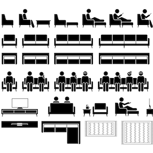 May include: Black and white silhouette icons of various furniture pieces, including armchairs, sofas, couches, coffee tables, and end tables. The icons are arranged in rows and columns, with some icons depicting people sitting on the furniture.