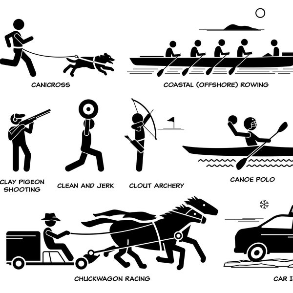 Canicross coastal rowing capture flag clean jerk clout archery canoe polo chuckwagon car ice racing canopy piloting sport game SVG PNG EPS