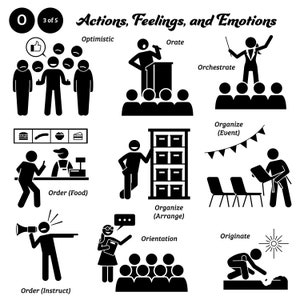 Puede incluir: Ilustraciones en blanco y negro de figuras de palo que representan acciones, sentimientos y emociones. Las ilustraciones incluyen personas dando discursos, organizando eventos, pidiendo comida y más.
