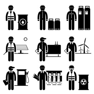 May include: Black and white stick figure illustrations of workers in various industries, including oil and gas, solar, wind, and nuclear power. Each worker is depicted with a safety helmet and holding tools or equipment related to their field.