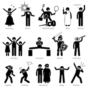 Peut inclure: Illustrations en noir et blanc de personnages en bâton représentant différents traits de personnalité, tels que la vivacité, la chaleur, la polyvalence, la sagesse, la volonté, la jeunesse, la polyvalence, la bravoure, la vision, la vigilance, la souplesse, la xénophilie, l'esprit et le zèle.