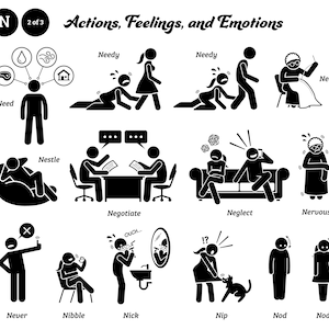 May include: Black and white stick figure illustrations depicting various actions, feelings, and emotions.  The words "Needy", "Need", "Nestle", "Negotiate", "Neglect", "Nervous", "Never", "Nibble", "Nick", "Nip", "Nod", and "Needle" are included in the image.