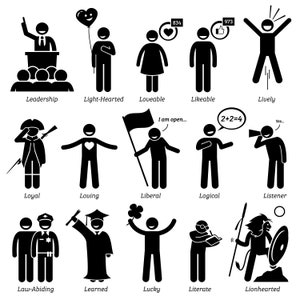 Puede incluir: Ilustraciones en blanco y negro de figuras de palo que representan diferentes rasgos de personalidad, como liderazgo, alegría, amabilidad, simpatía, vitalidad, lealtad, amor, liberalismo, lógica, escucha, respeto a la ley, aprendizaje, suerte, literatura y valentía.