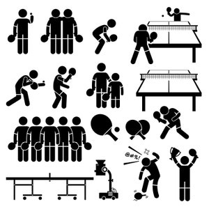 May include: Black and white illustrations of people playing table tennis. The illustrations show various poses and actions, including serving, returning, and celebrating. There are also illustrations of table tennis equipment, such as paddles, balls, and tables.