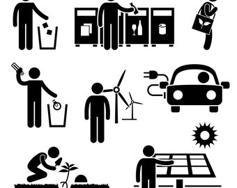 Man Recycle Green Energy Clean Environment Energy Saving Electric Car Environmental Solar Panel Windmill Power Download Icons PNG SVG Vector