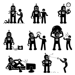 May include: Black and white illustrations of robots interacting with humans in various scenarios.  The robots are depicted as humanoid figures with antennas and a single eye.  The humans are stick figures.  The scenarios include a robot being repaired, a robot helping a human, a robot reading a book, a robot being charged, a robot giving a high five, a robot lifting a heavy object, a robot watching television, and a robot being shot with a laser gun.