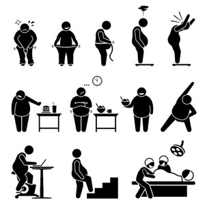 May include: Black and white stick figure illustrations depicting various stages of weight loss and health. The illustrations show a person measuring their waist, eating a meal, exercising, and more.