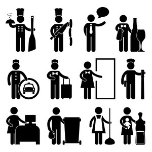 Peut inclure: Icônes de personnages en bâton noir et blanc représentant différents métiers du secteur des services, notamment un chef cuisinier, un serveur, un groom, une femme de chambre et un concierge. Les icônes sont simples et faciles à comprendre.