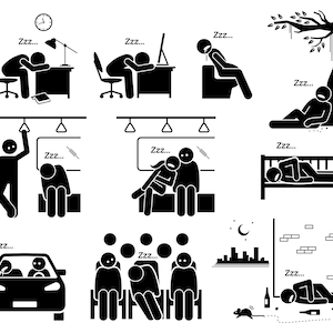 眠っている男性、睡眠、休憩、居眠り、居眠り、まどろみ、まどろみ、昼寝、疲れた、疲れ果てた、眠っている、Zzz、公共の場所、面白い、棒人間、PNG、SVG、ベクター