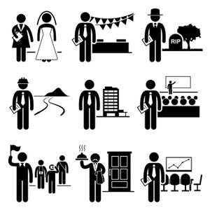 Op de afbeelding: Zwart-witte stick figure illustraties die verschillende beroepen uitbeelden, waaronder een huwelijksambtenaar, een begrafenisondernemer, een bouwvakker, een makelaar, een leraar, een gids, een ober en een zakenman.