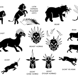 May include: Black and white line art illustrations of various animals, including a lion, bear, leopard, goat, ram, and a mythical beast. The illustrations depict different features of the animals, such as horns, wings, and broken horns.
