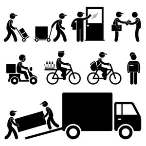 May include: Black and white stick figure illustrations of delivery people using different methods of transportation, including a truck, bicycle, scooter, and walking. The illustrations show the delivery people delivering packages to customers.