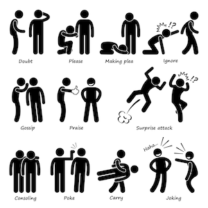 May include: Black and white stick figure illustrations depicting various social interactions, including doubting, pleasing, making a plea, ignoring, gossiping, praising, surprise attack, consoling, poking, carrying, and joking.