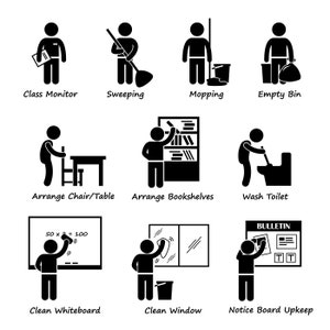 School Class Classroom Upkeep Student Pupils Kids Children Duty Duties Roster Cleaning Washing Sweep Mop Wash Toilet Download PNG SVG Vector