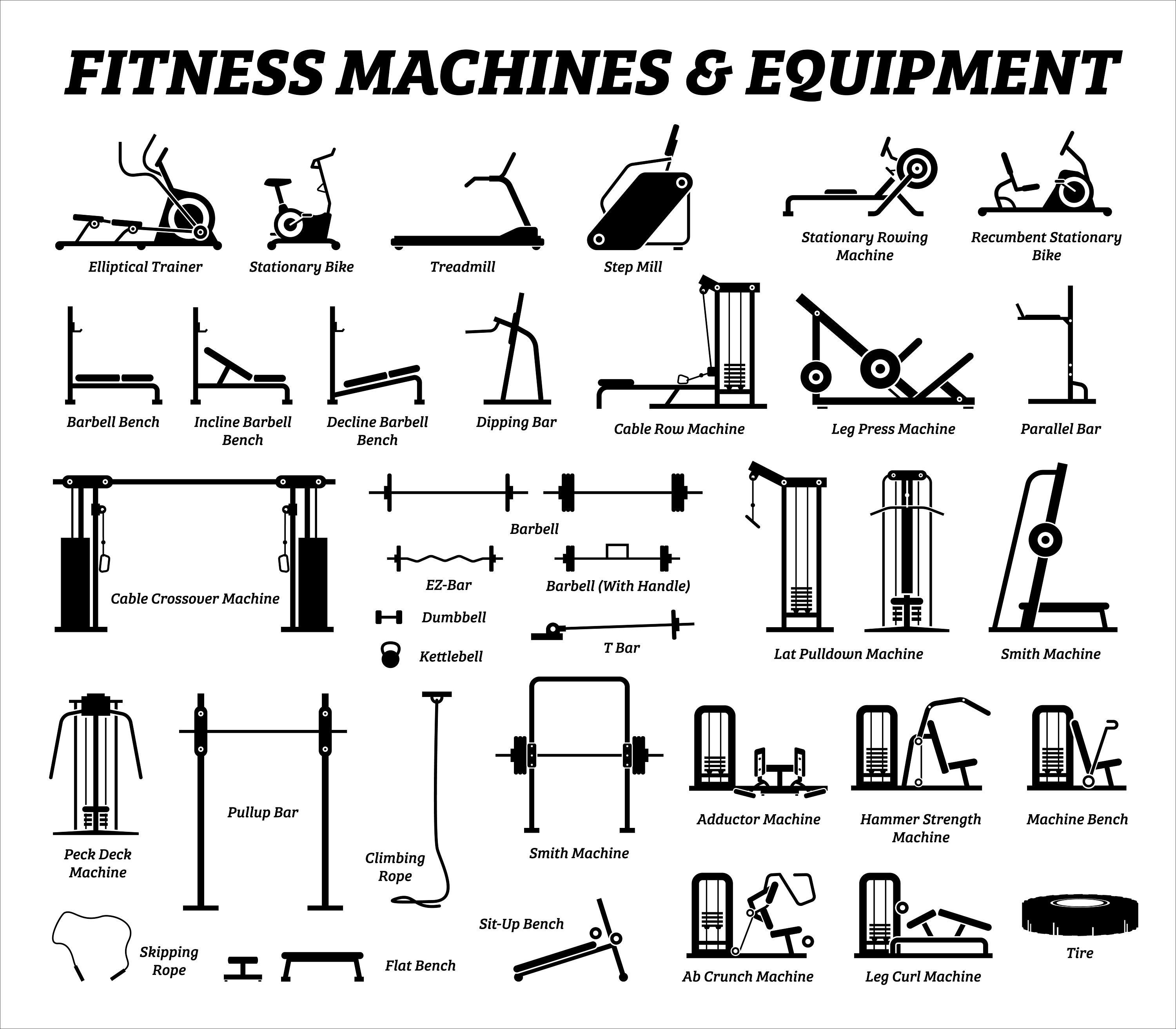 Fitness Exercise Cardio Muscle Building Machines Equipment Weights Barbell  Rowing Treadmill Bench Gym Gymnasium Workout Download Icon Vector -   Sweden