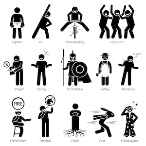 May include: Black and white stick figure illustrations depicting different personality types, such as fighter, fit, freewheeling, fanatic, frugal, funny, formidable, folksy, facetious, freethinker, fanciful, fixed, fast, and flamboyant.