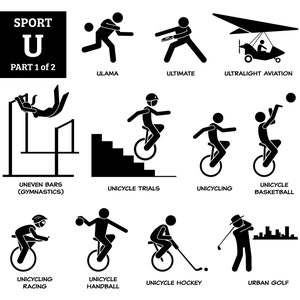 May include: Black and white stick figure illustrations of different sports, including unicycling, ultimate frisbee, and ultralight aviation. The text "SPORT U PART 1 of 2" is at the top of the image.