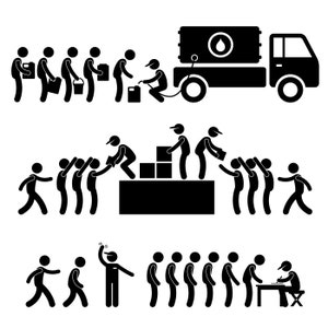 Puede incluir: Ilustración en blanco y negro de figuras de palo que representa un proceso de recepción y distribución de suministros. Un camión con un tanque de combustible entrega suministros a una fila de personas. Los suministros se pasan luego de persona a persona en cadena, con la última persona recibiendo los suministros. El paso final muestra a una persona firmando un documento en una mesa.