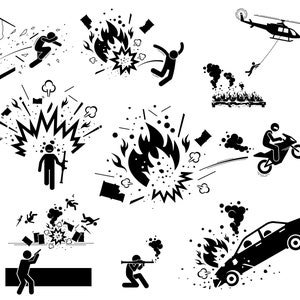 Może przedstawiać: Czarno-białe ilustracje postaci z patyków przedstawiające różne rodzaje wybuchów i wypadków. Ilustracje obejmują samochód w płomieniach, osobę spadającą z budynku, osobę ratowaną przez helikopter, osobę wysadzoną w powietrze i osobę jadącą motocyklem.