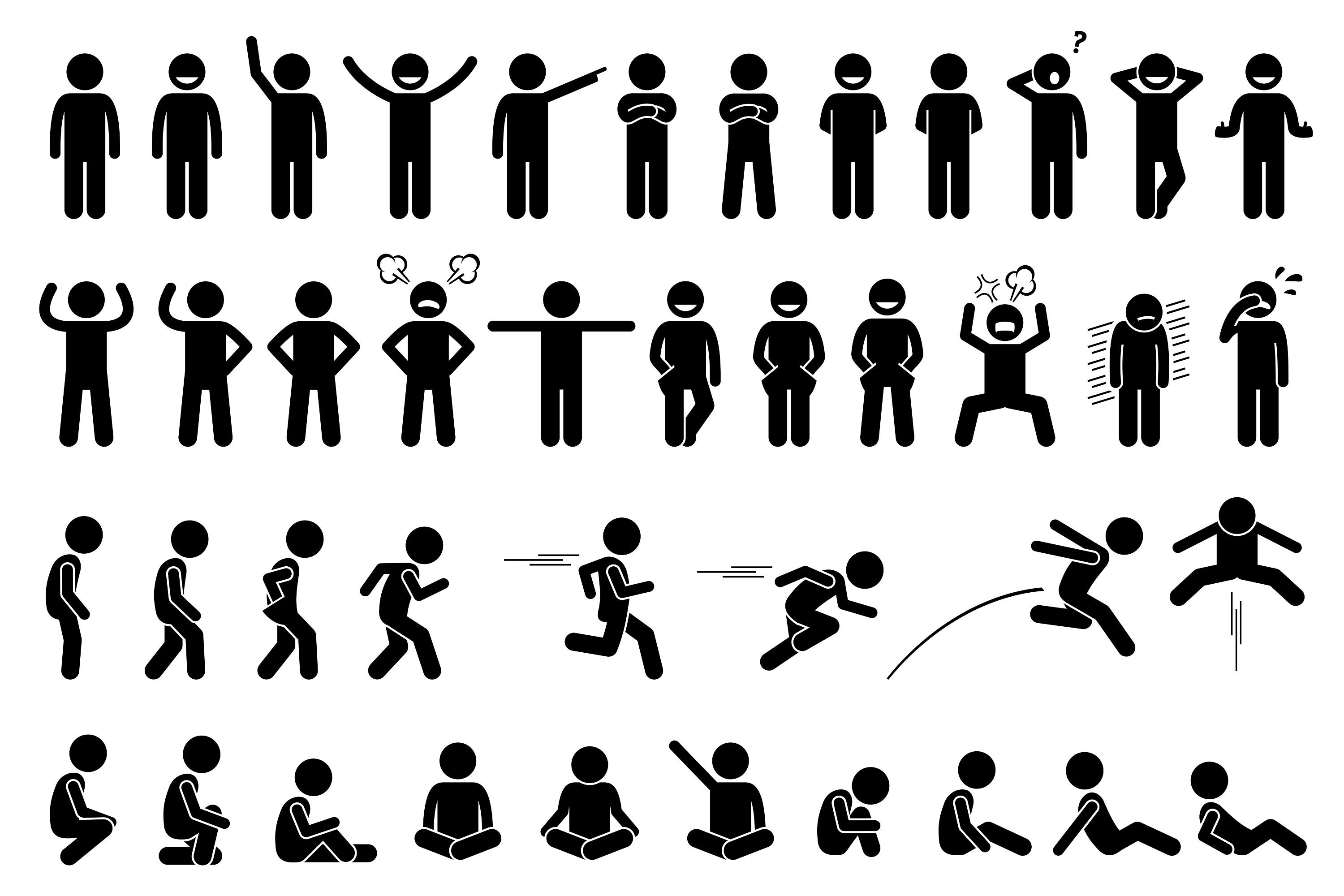 Stick Figure Stickman Stick Man People Person Poses Postures Standing  Walking Running Fast Speed Set Pictogram Download Icons PNG SVG Vector