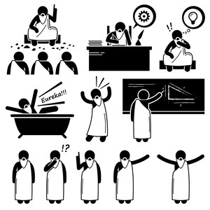 May include: Black and white stick figure illustrations depicting a person in various poses, including thinking, writing, teaching, and having an idea. The illustrations are in a simple, minimalist style.