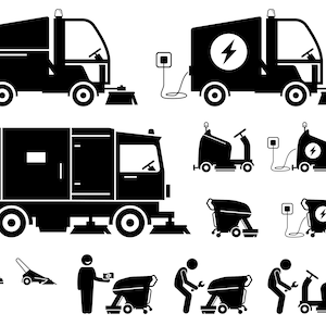 Commercial Industrial Indoor Outdoor Road Sweeper Truck Street Cleaning Vehicles Floor Scrubbing Machine Washing Service SVG PNG EPS Vector