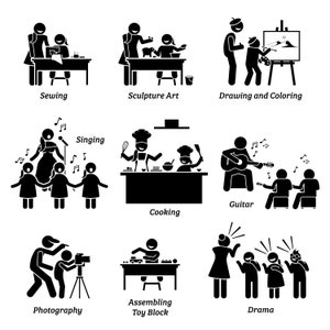 Könnte beinhalten: Schwarz-Weiß-Illustration, die verschiedene Aktivitäten darstellt. Szenen umfassen Nähen, Bildhauerei, Zeichnen, Singen, Kochen, Gitarre spielen, Fotografie, Zusammenbauen von Spielzeugblöcken und Theater. Strichmännchen.