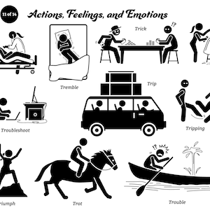 Puede incluir: Ilustraciones en blanco y negro de figuras de palo que representan diversas acciones, sentimientos y emociones. Las palabras "Actions, Feelings, and Emotions" están en la parte superior de la imagen. Las palabras "Treat", "Tremble", "Trip", "Tripping", "Triumph", "Trot" y "Trouble" están debajo de cada ilustración.
