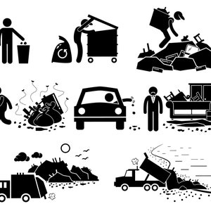 May include: Black and white stick figure illustrations depicting different ways to dispose of rubbish. The illustrations show people throwing rubbish in a bin, putting rubbish in a refuse truck, and cleaning up rubbish from the street.