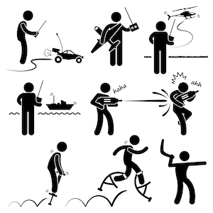 May include: Black and white stick figure illustrations of people playing with remote control toys. The illustrations include a person playing with a remote control car, a person playing with a remote control airplane, a person playing with a remote control boat, a person playing with a water gun, a person playing with a remote control helicopter, a person playing with a pogo stick, a person playing with stilts, and a person playing with a boomerang.