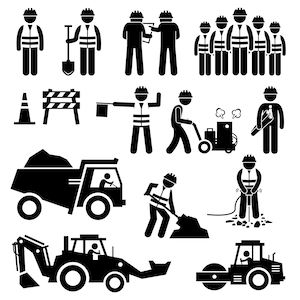 Road Construction Worker Engineer Plan Cone Barriers Truck Bulldozer Backhoe Road Roller Jackhammer Equipment Download Icons PNG SVG Vector