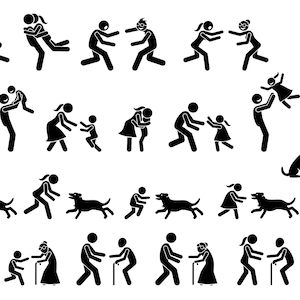 Puede incluir: Ilustraciones en blanco y negro de figuras de palo que representan diversas actividades familiares, incluyendo jugar con un perro, caminar con un bastón y jugar a la persecución.