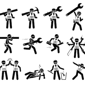 May include: Black and white illustration of construction workers in various poses. Some are holding tools like hammers, wrenches, and planks of wood. Others are working on a project, celebrating, or having an accident.