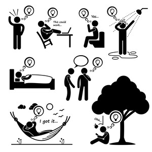 Op de afbeelding: Een zwart-witte stick figure-illustratie die verschillende scenario's laat zien waarin mensen een idee krijgen. De illustratie toont mensen die ideeën krijgen terwijl ze aan een bureau werken, douchen, in bed slapen, ontspannen in een hangmat, onder een boom zitten en met een vriend praten.