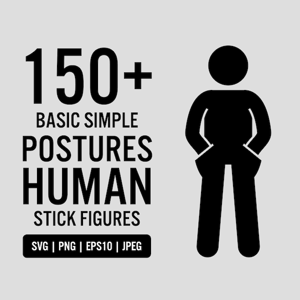 Basic Human Stick Figures Action Postures Poses Simple Black Stickman Person Silhouette Symbol Sign SVG PNG Icons Stick Figure Bundle Vector