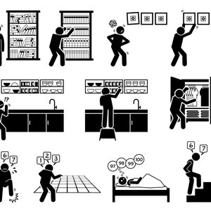 May include: Black and white stick figure illustrations depicting various scenarios of people struggling with everyday tasks, such as organizing shelves, hanging pictures, cleaning the kitchen, counting, and climbing stairs.
