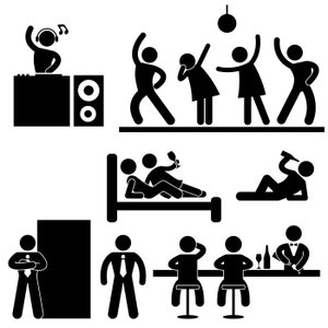 Disco Pub Night Club Clubbing Bar Party Music Drinking Alcohol Drink Fun Night Out Stick Figure Dance Dancing Dj Deejay PNG SVG EPS Vector