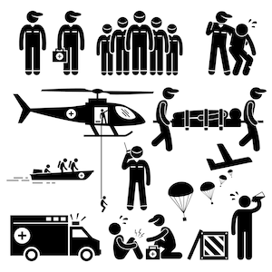 Può includere: Illustrazioni in bianco e nero di figure stilizzate che rappresentano personale medico e pazienti in diverse situazioni di emergenza. Le illustrazioni includono un elicottero, un'ambulanza, un kit di pronto soccorso, una barella e una persona con una gamba rotta.