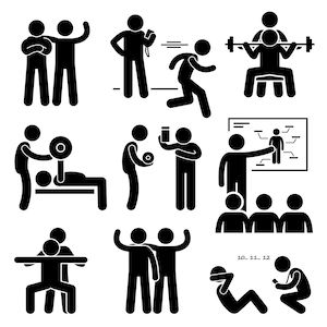 May include: Black and white stick figure illustrations depicting various fitness activities, including weightlifting, running, and group fitness classes. The illustrations are numbered 1 through 12.