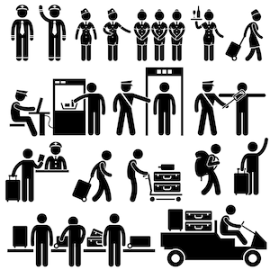 May include: Black and white stick figure illustrations depicting various airport scenes, including passengers going through security, checking in at the counter, and boarding a plane.