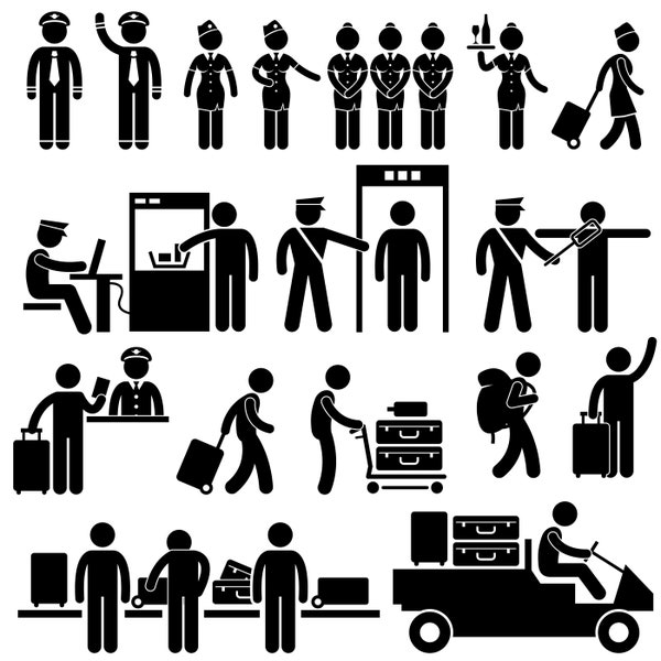 Airport Transit Workers Police Security Scan Flight Attendant Steward Stewardess Passport Departure Arrival Download Icons PNG SVG Vector