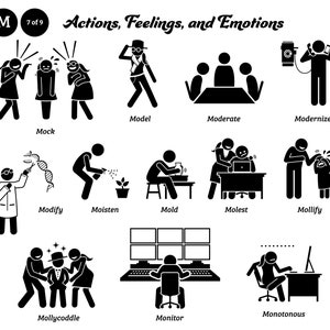 May include: Black and white illustrations depicting various actions, feelings, and emotions. The image includes words such as "Mock", "Model", "Modify", "Monitor", and "Monotonous". The illustrations are simple stick figures.