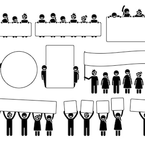 May include: Black and white stick figure illustrations of people holding blank signs, banners, and circles. The signs are in various shapes and sizes.
