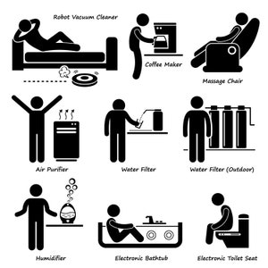 Home Robot Vacuum Cleaner Coffee Maker Massage Chair Air Purifier Water Filter Humidifier Electronic Bathtub Toilet Bowl Icon PNG SVG Vector